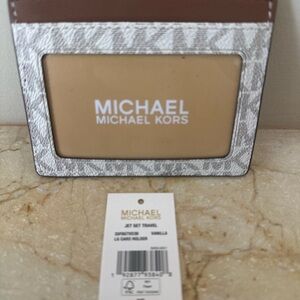 Michael Kors Vanilla Logo-Print Card Holder with Brown Trim